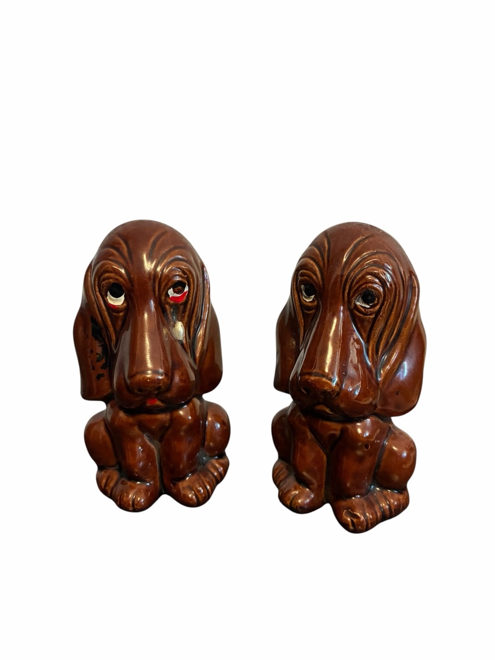 Vintage Brown Ceramic Basset Hound Dog Salt Shakers